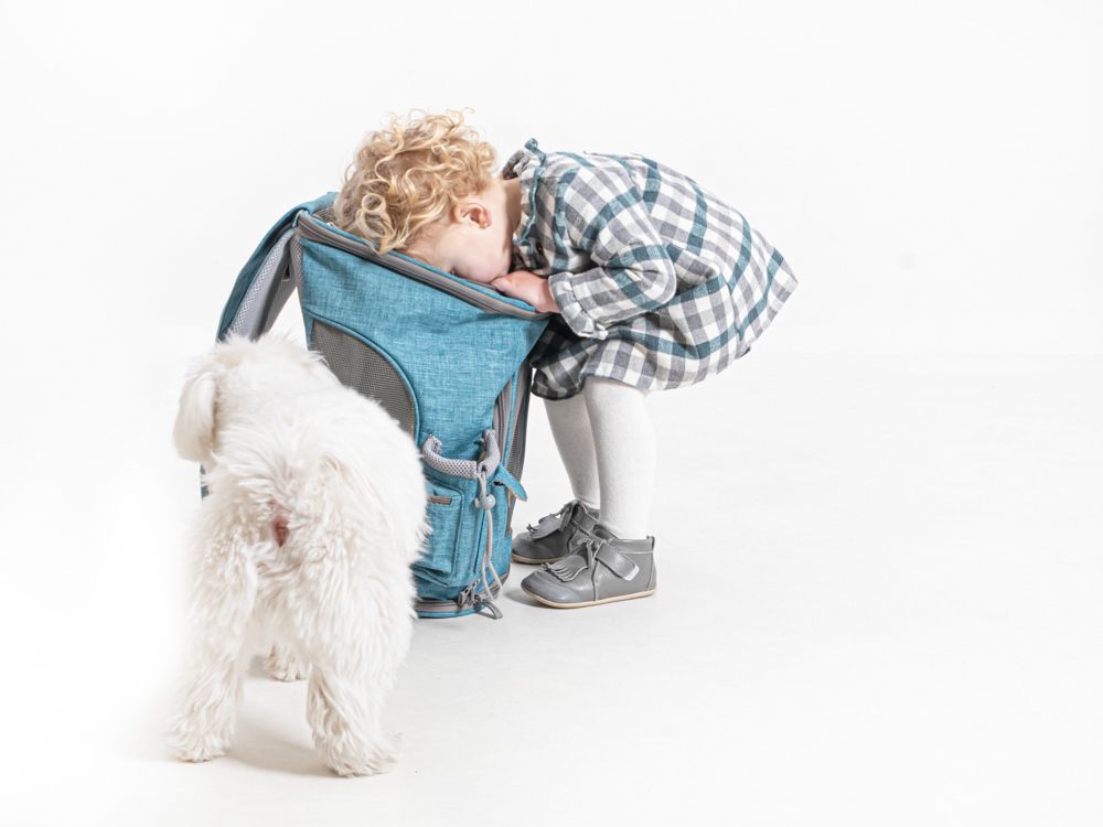 Proteger a tu Perro durante los Viajes niña de dos años juega con una mochila  freedog  y perrito por elenirc para mascotesdecolors