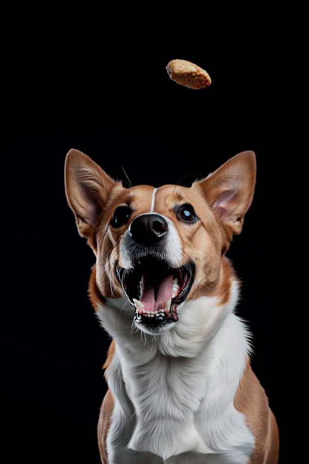 Un perro atrapando premios al vuelo en un estudio fotográfico profesional