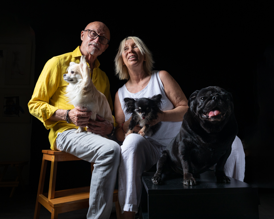 perrito bichón maltés modelo para tienda de ropa